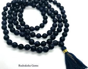 Galaxy Star Blue Sand Stone - Gold Stone Japa Mala Beads - Yoga Rosary Meditation 108 BEADS - Worry Beads - 8 MM knotted Mala - HANDMADE