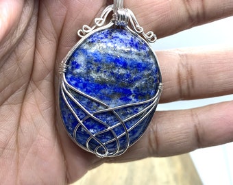 Lapis Lazuli Necklace, Wire Wrapped Pendant, Blue Gemstone Necklace, Silver Pendant, Single Stone Necklace, September Birthstone, A+ Gift