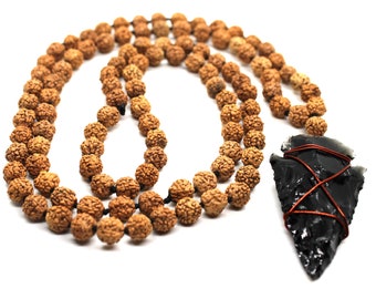 Rudraksha Mala, 5 Mukhi Mala, Rudraksh Meditation Mala Rosary 108 Beads with Black obsidian ARROW head Yoga Hindu PRAYER MEDITATION Raiki