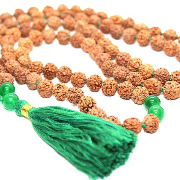 Green Jade & Rudraksha Mala Necklace 108 Prayer Beads Handmade Sacred Rudraksha and Healing Green Jade Mala for Spiritual Growth and Balance