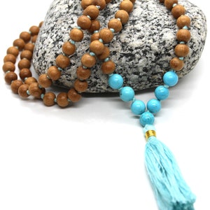 Sandalwood TURQUOISE Mala Necklace 8 mm, Knotted Sandalwood Mala, 108 Japa Mala Beads, Sandalwood Necklace, Buddhist Turquoise Beads Yoga image 1