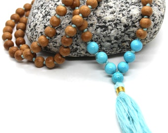 Sandalwood - TURQUOISE Mala Necklace 8 mm, Knotted Sandalwood Mala, 108 Japa Mala Beads, Sandalwood Necklace, Buddhist Turquoise Beads Yoga