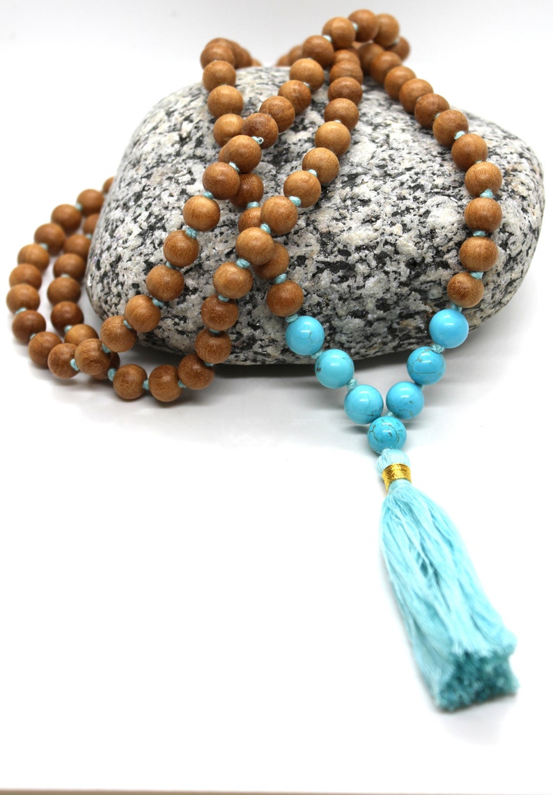 Sandalwood TURQUOISE Mala Necklace 8 mm, Knotted Sandalwood Mala, 108 Japa Mala Beads, Sandalwood Necklace, Buddhist Turquoise Beads Yoga image 1