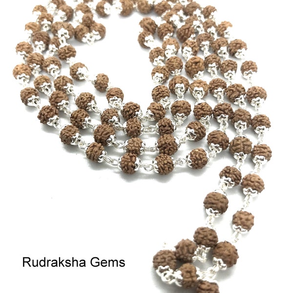 5 Mukhi Rudraksha, Indonesische kralen 925 zilveren dop Mala, 108 kralen Rudraksh Mala ketting, 4 mm kleine rudraksha echte kralen draad gewikkeld