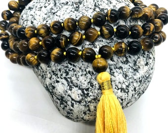 Tiger Eye Mala Necklace, Hand knotted Beaded Mala, 108 Mala Tiger's Eye Bead Necklaces, Yoga Jewelry, Yoga Gift Necklace for him Her Awesome