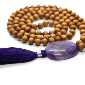 Sandalwood - Amethyst Mala Necklace 8 mm, Knotted Sandalwood Mala, 108 Japa Mala Beads, Sandalwood Necklace, Buddhist Prayer Beads Yoga Mala