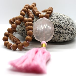 Sandalwood - Rose Quartz Mala Necklace 8 mm, Knotted Sandalwood Mala, 108 Japa Mala Beads, Sandalwood Necklace, Buddhist Prayer Beads