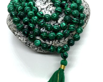 Malachite Japa Mala 108 Beads / Hand knotted Full Mala Necklace / Meditation and Yoga Mala / Heart Chakra Mala Buddhist Prayer Beads Jewelry