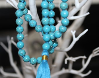 Indian Turquoise 8mm beads Necklace, Tassel mala, Prayer Necklace, 108 Mala Beads, Turquoise Mala, Spiritual Statement Necklace, Yoga Gifts