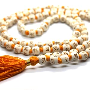KrishnaTulsi Holy Basil Hand Knotted Mala engraved Hare Rama 10mm japa mala 108 beads Necklace ,Yoga Meditation, Prayer Mala Beads rosary Om