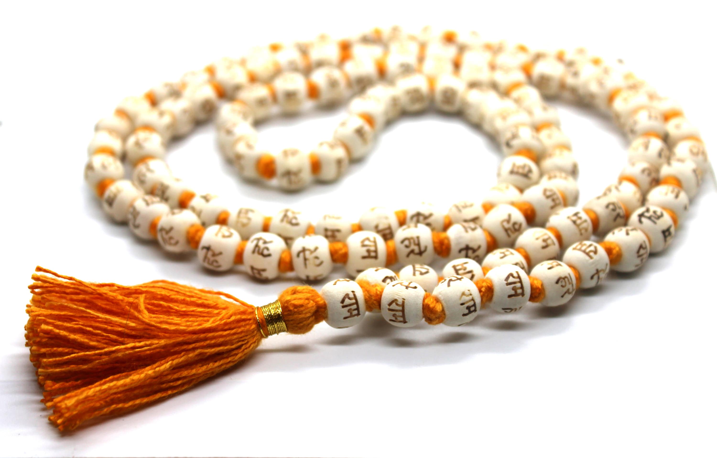KrishnaTulsi Holy Basil Hand Knotted Mala engraved Hare Rama 10mm japa mala 108 beads Necklace ,Yoga Meditation, Prayer Mala Beads rosary Om