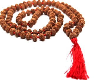 9 Mukhi Rudraksha Mala, 108+1 cuentas Rudraksha genuinas de nueve facetas, borla larga Mala, hermosa Mala, cuentas naturales Japa Mala Yoga OM cuentas