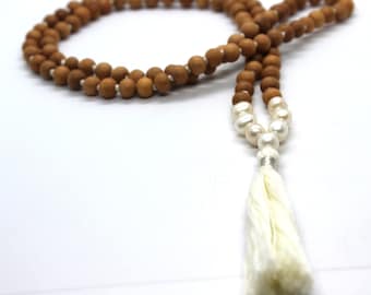 Freshwater Pearl Sandalwood Mala Necklace, Hand Knotted Yoga Jewelry