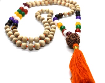 Premium Tulsi Mala with PLANETARY Crystals Hindu Chant Yoga Meditation Hare Rama ISKCON Set with Rudraksha Guru bead, 8mm Tulsi Round beads