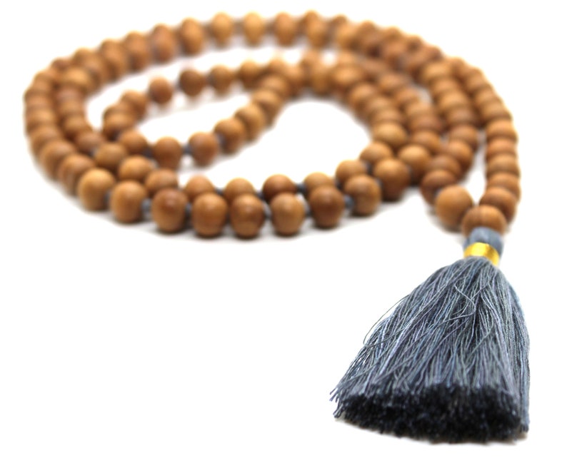 Natural Sandalwood Handmade Mala 1081 Beads Hindu Prayer Beads Mala Yoga Mediation Chandan Mala Handmade With Long Tassel, Sandal wood mala Grey