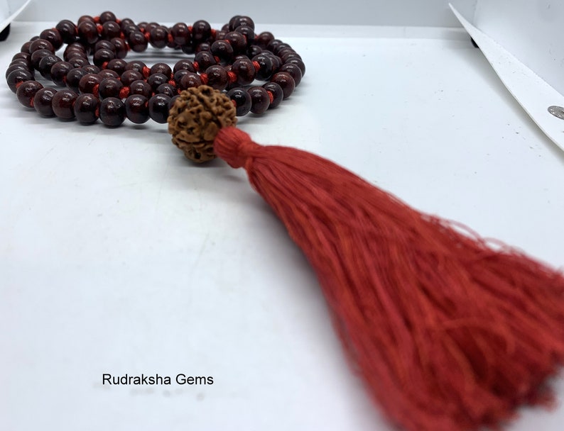 Classic 108 Knotted Meditation Mala with Rudraksha Guru bead 8mm Indian Rosewood with Red / Cotton String Tassel Elegant Yoga Necklace image 4