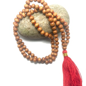 Natural Fragrant Sandalwood Handmade Mala 108+1 Beads Hindu Prayer Beads Mala Yoga Mediation Chandan Mala Handmade With Red cotton Tassel OM
