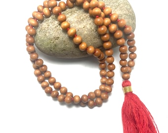 Natural Fragrant Sandalwood Handmade Mala 108+1 Beads Hindu Prayer Beads Mala Yoga Mediation Chandan Mala Handmade With Red cotton Tassel OM