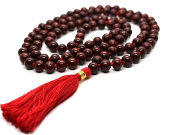 8mm Indian Rosewood with Red / Premium Cotton String TasselClassic 108 Knotted Meditation Mala | Elegant Natural Design | Yoga Necklace