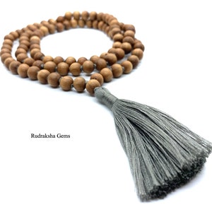 Natural Sandalwood Handmade Mala 108+1 Beads Hindu Prayer Beads Mala Yoga Mediation Chandan Mala Handmade With Long Tassel, Sandal wood mala