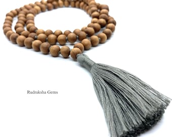 Natürliche Sandelholz Mala Handarbeit 108+1 Perlen Hindu Gebetskette Mala Yoga Meditation Chandan Mala Handarbeit mit langer Quaste, Sandelholz Mala