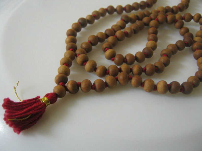 Natural Fragrant Sandalwood Handmade Mala 1081 Beads Hindu Prayer Beads Mala Yoga Mediation Chandan Mala Handmade With Red cotton Tassel OM image 1