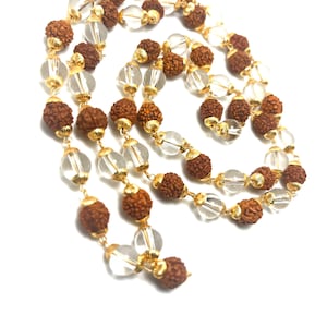 Rudraksha Mala Necklace - Rudraksh Crystal Quartz Necklace, Golden cap wire wrapped Jewellery- Rudraksha Divine beads & Crown Chakra Crystal