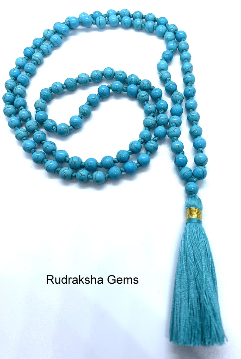 Turquoise 6mm beads Necklace, Tassel mala, Prayer Necklace, 108 Mala Beads, Turquoise Mala, Statement Necklace, Yoga Gifts, Spiritual Mala image 2