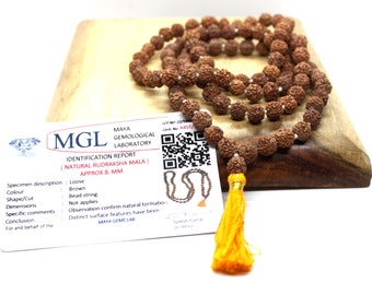 CERTIFIÉ LABORATOIRE 108 + 1 perle Origine indienne Rudraksha Mala 5 mukhi 5 visages Seigneur Shivas Rosaire Jaap Mala Yoga Prière De Guérison Méditation Perles de 8 mm