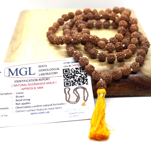 LABORATORIO CERTIFICADO 108+1 Cuenta Origen Indio Rudraksha Mala 5 mukhi 5 caras Lord Shivas Rosario Jaap Mala Yoga Oración Curación Meditación Cuentas de 8 mm