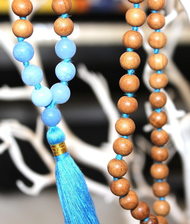 Atlantis Larimar Crystal Necklace, Mala Sandalwood Beaded Necklace, Handmade Jewelry, Healing Crystals Necklace Japa mala Beaded Yoga mala image 1