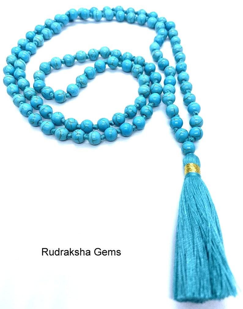 Turquoise 6mm beads Necklace, Tassel mala, Prayer Necklace, 108 Mala Beads, Turquoise Mala, Statement Necklace, Yoga Gifts, Spiritual Mala image 3