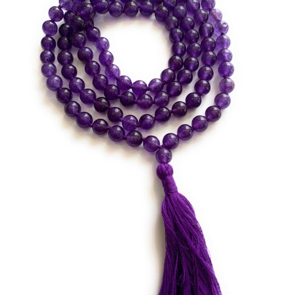 Amethyst Mala Beads, 108 bead Mala, Tassel Mala Necklace, Prayer Beads, Yoga Jewelry, Amethyst Necklace, Japa Mala, Meditation Mala Rosary