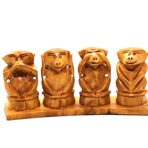FOUR wise monkeys wooden statue - Hand made - three monkeys that hear no evil see no evil speak no evil, Hand carved gift for him her Rare