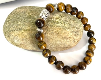 Tiger Eye BUDDHA bracelet - genuine gemstone crystal premium bracelet - mens womens bracelet - 8mm high quality beads bracelet -gift him her