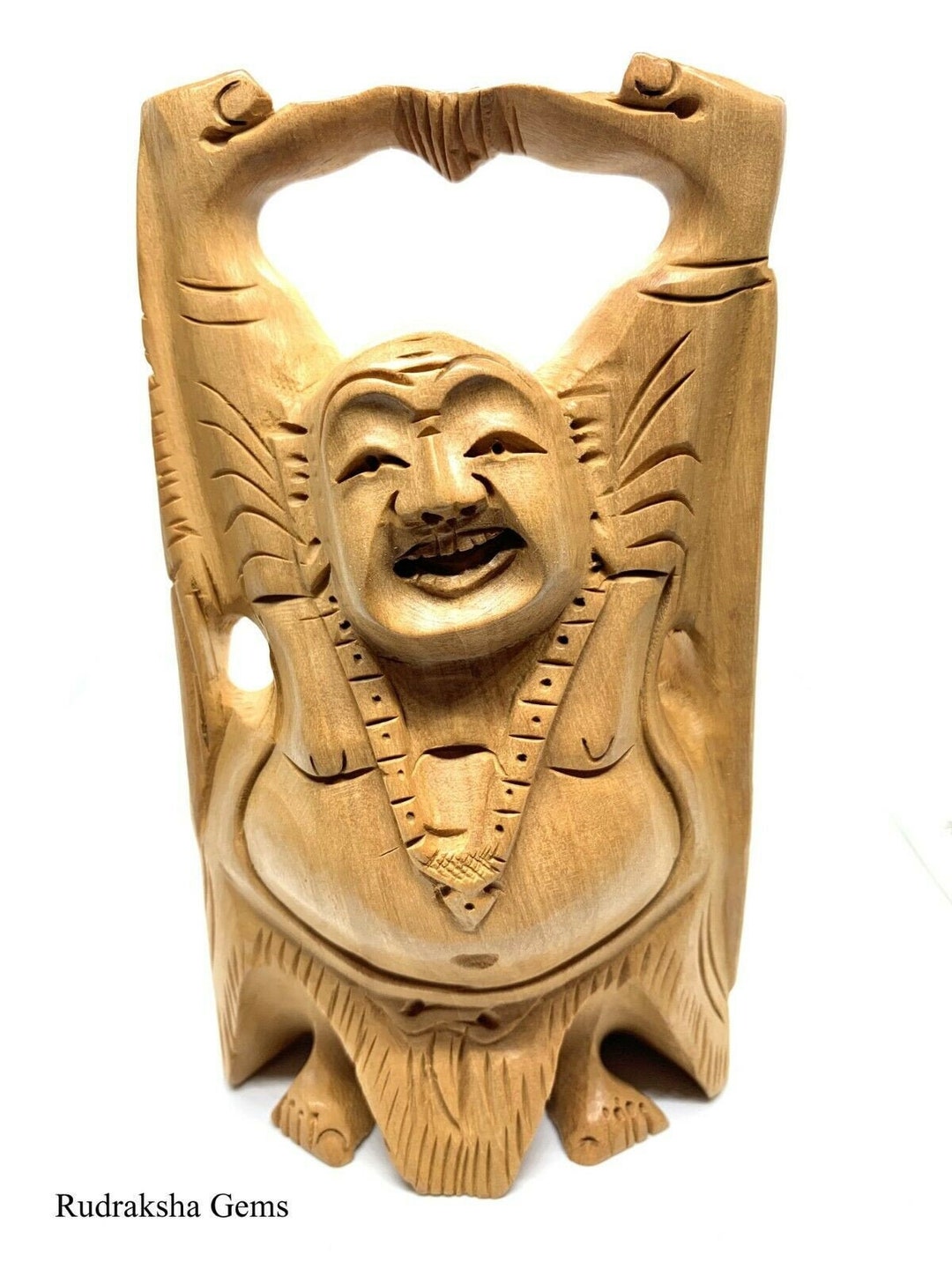 美しい手彫りの笑う仏像、5インチの木製仏像仏教ホームデスク装飾、禅