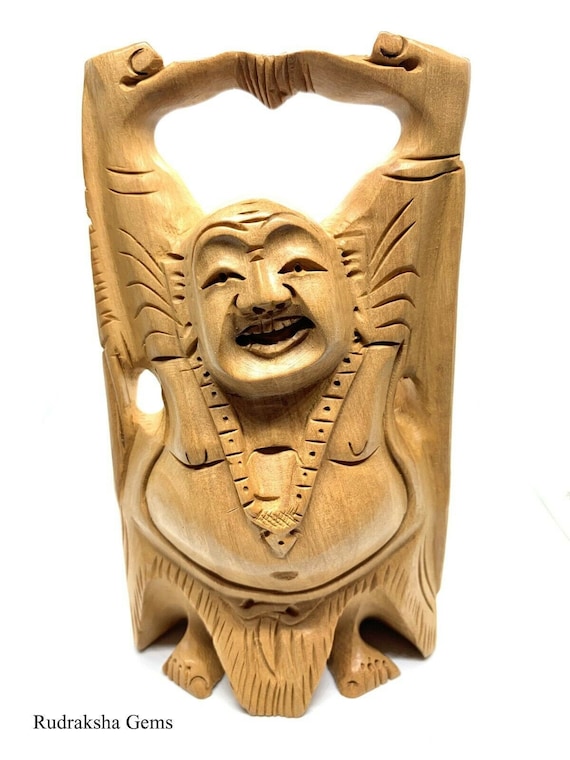 美しい手彫りの笑う仏像、5インチの木製仏像仏教ホームデスク装飾、禅