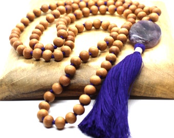 Sandalwood - Amethyst Mala Necklace 8 mm, Knotted Sandalwood Mala, 108 Japa Mala Beads, Sandalwood Necklace, Buddhist Prayer Beads Yoga Mala