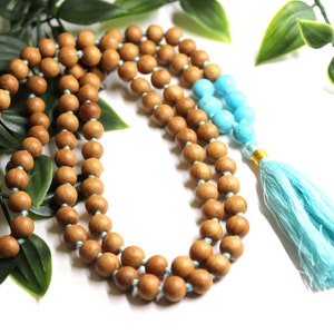 Sandalwood TURQUOISE Mala Necklace 8 mm, Knotted Sandalwood Mala, 108 Japa Mala Beads, Sandalwood Necklace, Buddhist Turquoise Beads Yoga image 9