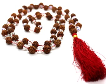 Rudraksha & Diamond cut Fire glass beads Mala, rudraksha Mala, Rudraksha necklace,  108 Beads Mala - Tassel Mala - Prayer Beads, YOGA MALA