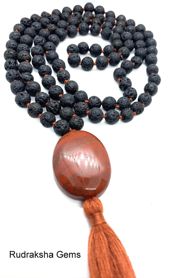 Pure Strength Lava Rock Black, Red Tassel Hand Knotted Mala