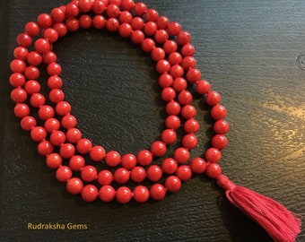 Handgeknotete Mala / Rote Koralle Mala Kette mit Quaste / Natürliche Rote Koralle Mala / 7mm 108 Perlen Mala / Yoga Meditation Mala / Wurzel Chakra Mala