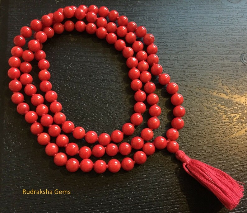 Hand Knotted Mala/ Red Coral Mala Necklace with Tassel /Natural Red Coral Mala/ 7mm 108 beads mala/ yoga meditation mala/ Root Chakra Mala image 1