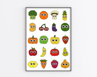 Fruit and veg print - A3 print - Illustration - Eco friendly print - Home decor - Vegan - Colourful print - Art print - Vegan art