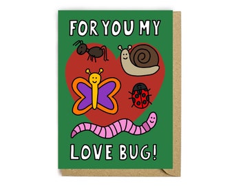 Love bug card - Greeting card - love card - Recycled card - Funny card  - Cute card - Illustration - partner - valentines card - Bugs - worm