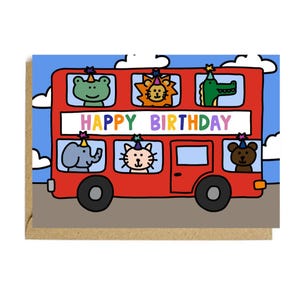 Cartão de ônibus de animais de festa - Cartão de aniversário - Cartão infantil