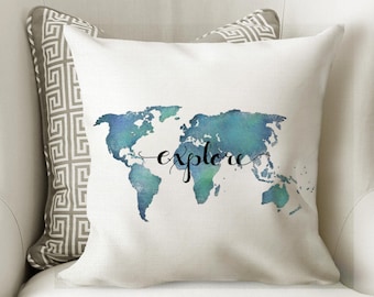 Explore Pillow Quote Pillow - World Map Decor Travel Pillow - Aqua Pillow with Words - Decorative Throw Pillows - Teal Pillow Dorm Pillows