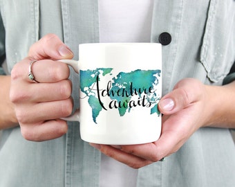 Adventure Awaits Travel Quote Mug Office Gifts for Travelers - World Map Mug Going Away Gift - Travel Love Coffee Mug Travel Gifts Map Mug
