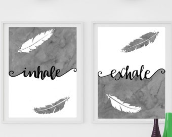 Inhale Exhale Wall Art Zen Art Yoga Wall Art - Feather Art Print Quote Wall Art Breathe Sign Black and White Wall Art Relaxation Gifts