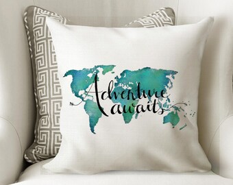 Throw Pillow Quotes Adventure Awaits Travel Decor Travel Gifts - Teal Throw Pillows World Map Nursery Travel Pillow Case Travel Quotes